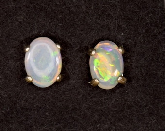 Natural Australian Opal Stud Earrings 7x5mm Cabochon Prong Set Sterling Silver Handmade Jewelry