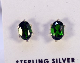 Chrome Diopside Earrings 6x4 mm Oval Faceted in Argentium Sterling Silver 6-prong Stud Earrings