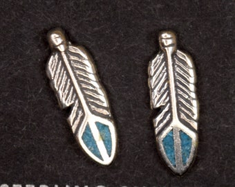 Turquoise Feather Earrings Sterling Silver Turquoise Inlay Stud Earrings 9 mm long