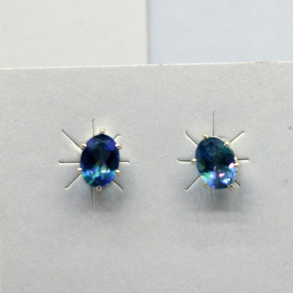 Rainbow Teal Topaz Earrings 7 x 5 mm Oval Cut Sterling Silver Stud Earrings