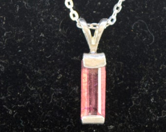 Rubellite Tourmaline  10 mm x 4 mm Tourmaline Cut Faceted in Tension Sterling Silver Setting on an 18 inch Chain