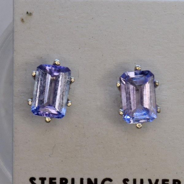 Natural Tanzanite Earrings 6 X 4 mm Emerald Cut Sterling Silver 6-Prong Stud Earrings