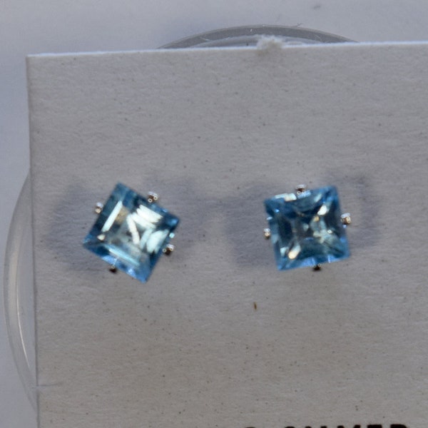 Swiss Blue Topaz Earrings 4 mm Princess Cut Square Sterling Silver 4-Prong Stud Earrings