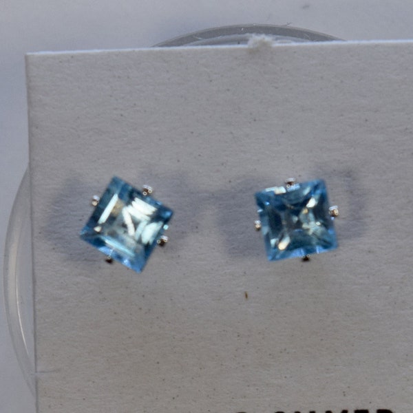 Swiss Blue Topaz Oorbellen 4 mm Princess Cut Square Sterling Zilver 4-Prong Stud Oorbellen