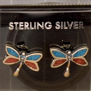 Elegant Dragonfly Silver Earrings with Turquoise and Garnet Inlays