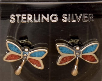 Elegant Dragonfly Silver Earrings with Turquoise and Garnet Inlays