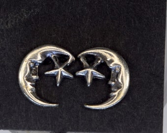 Dainty Sterling Silver Celestial Crescent Moon & Star Stud Earrings - Minimalist Bohemian Jewelry