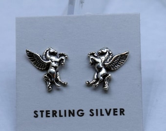 Mythical Pegasus Sterling Silver Stud Earrings: Winged Horse Jewelry Gift for Women