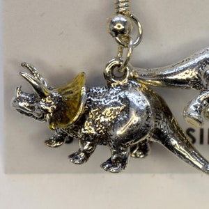 Triceratops Earrings With Golden Frill Two Tone Dinosaur Earrings Sterling Silver Dangle Earrings Gilded Silver