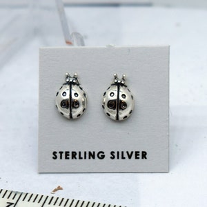 May include: A pair of sterling silver ladybug earrings. The earrings are small and delicate, and they feature a detailed ladybug design.
