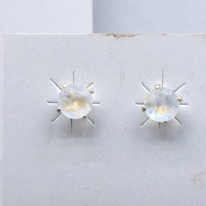 Delicate 6mm Moonstone Round Faceted Stud Earrings in Sterling Silver - Handmade Gemstone Jewelry