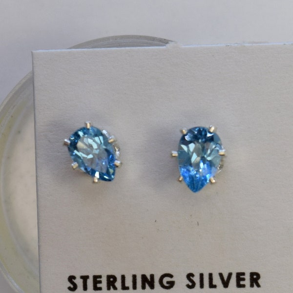 London Blue Topaz Earrings 6 mm x 4 mm Teardrop Cut in a Sterling Silver Stud Earring Setting