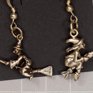 Flying Witch on Broom 3D Sterling Silver Hook Earrings Halloween Jewelry