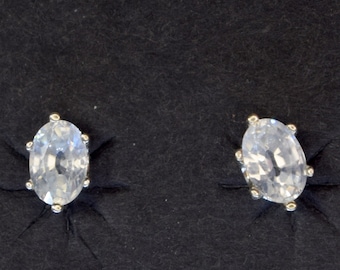 Natural White Zircon Oval Stud Earrings - 4x6mm Clear Crystal in Sterling Silver 6-Prong Setting