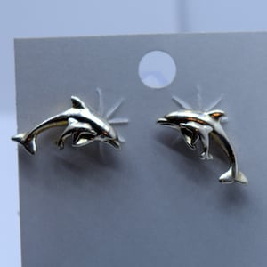 Elegant Mother and Baby Dolphin Sterling Silver Stud Earrings - Marine Life Jewelry Gift