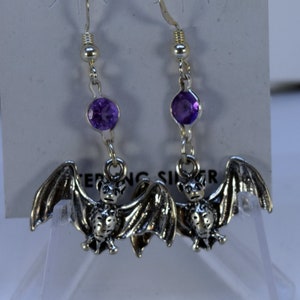 Gothic Amethyst Bat Earrings - Sterling Silver Hooks - Handmade Flying Vampire Jewelry