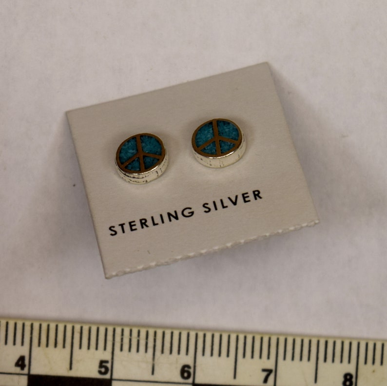 Peace Sign Earrings Sterling Silver Turquoise Inlay Stud Earrings 7 mm wide image 3