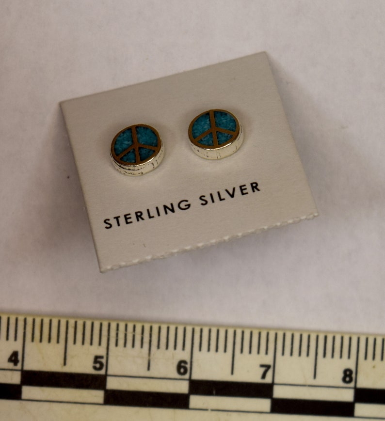 Peace Sign Earrings Sterling Silver Turquoise Inlay Stud Earrings 7 mm wide image 4