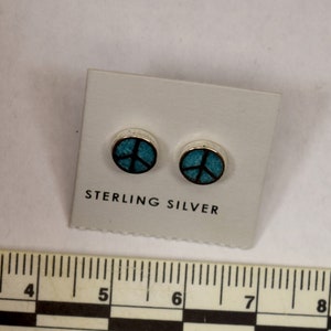 Peace Sign Earrings Sterling Silver Turquoise Inlay Stud Earrings 7 mm wide image 2