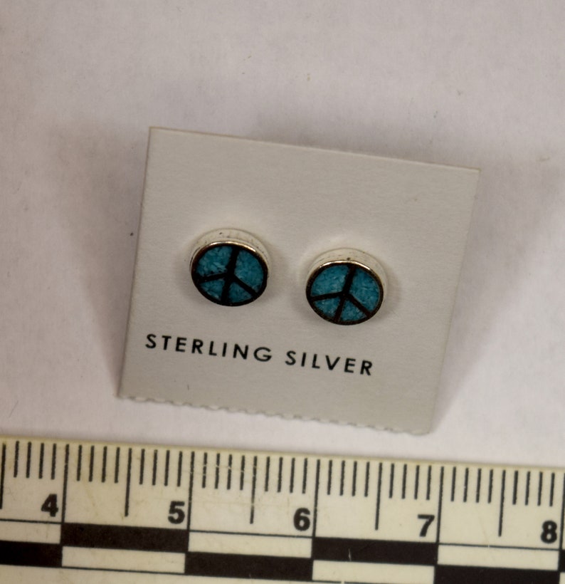 Peace Sign Earrings Sterling Silver Turquoise Inlay Stud Earrings 7 mm wide image 2