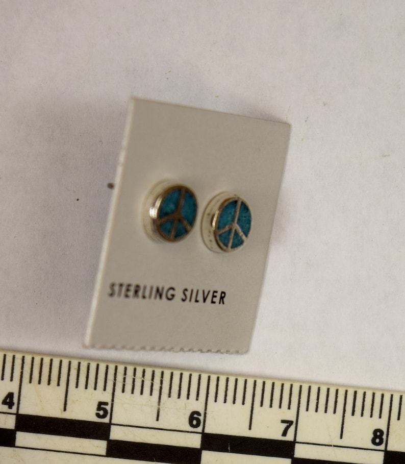 Peace Sign Earrings Sterling Silver Turquoise Inlay Stud Earrings 7 mm wide image 5