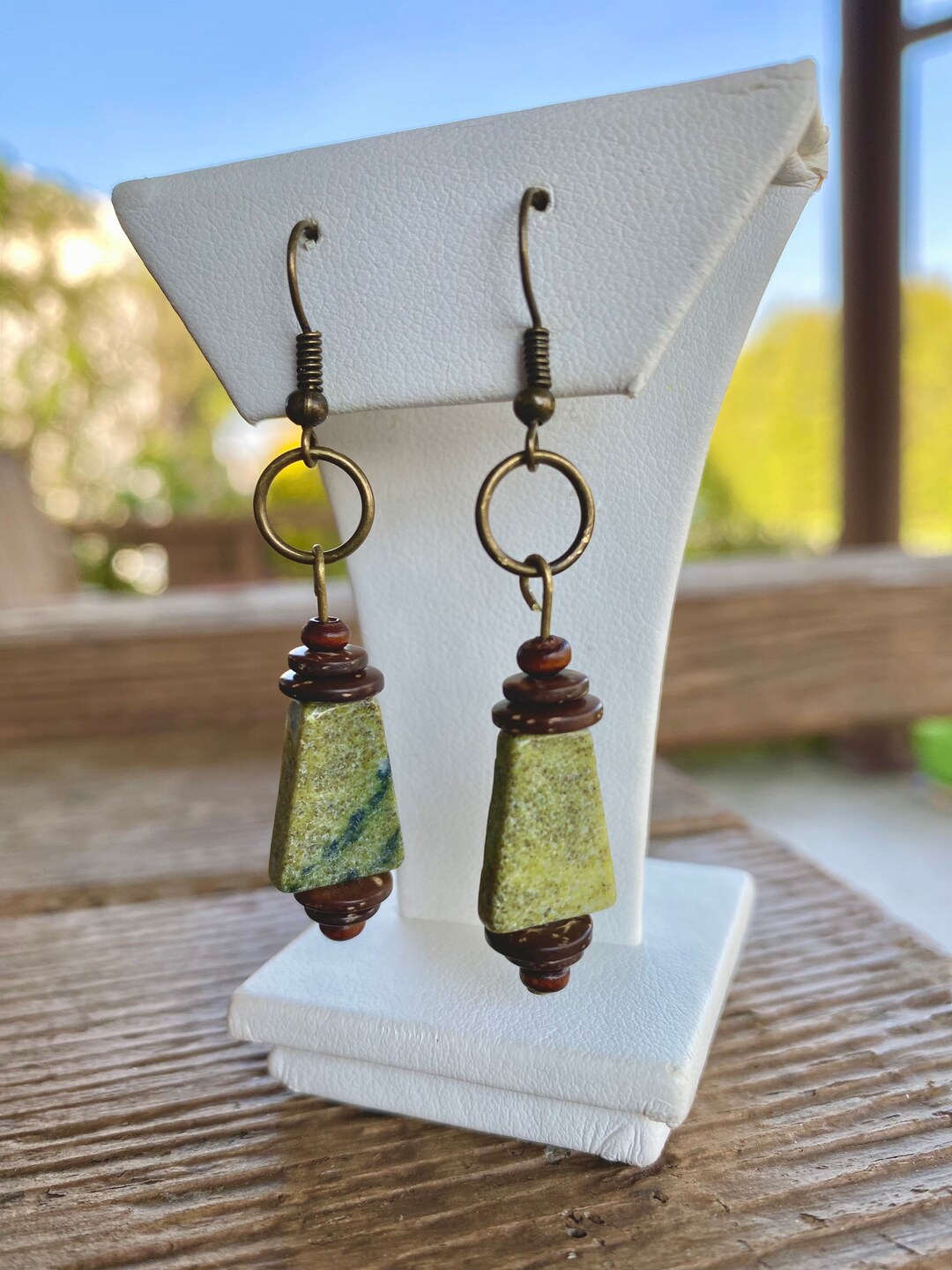 Serpentine Quartz Wood Gemstone Dangle Earrings Etsy