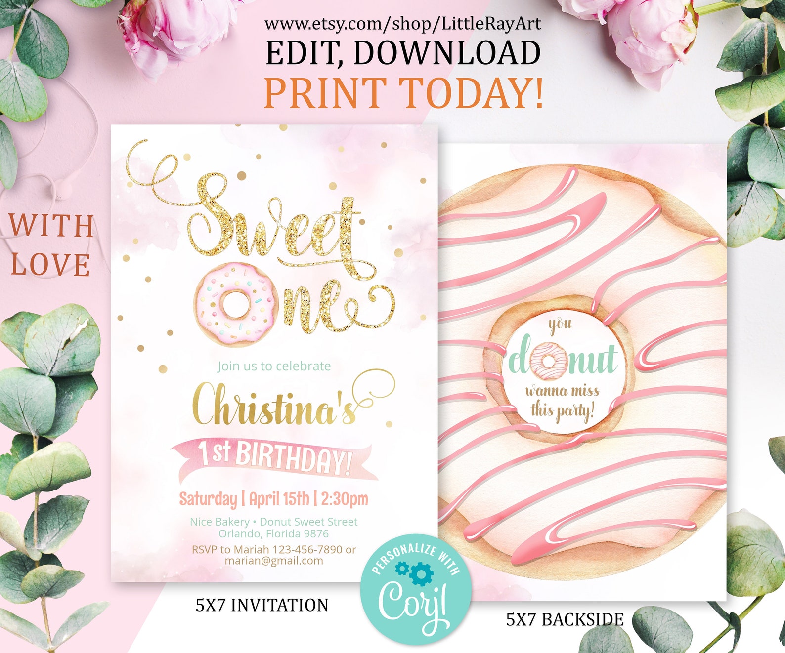Printable DONUT Sweet One Birthday Invitations. Editable Pink Etsy
