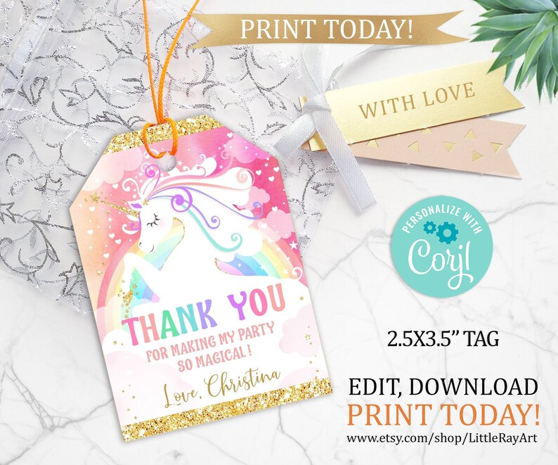 rainbow pink unicorn thank you tag printable unicorn favor etsy