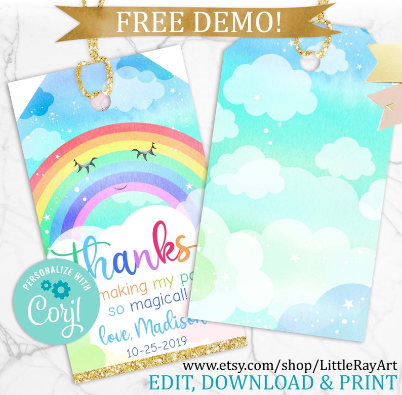 Rainbow Thank you tag Editable Rainbow Birthday Thank you Tag First birthday Rainbow decor Instant download Printable Rainbow favor tag