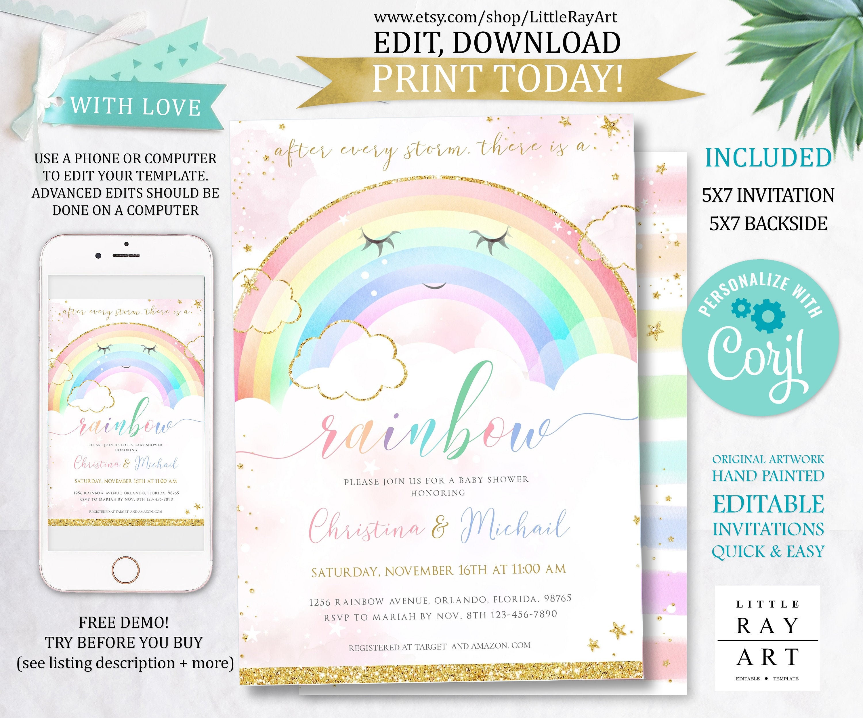 EDITABLE Rainbow Baby Shower Invitation Printable Girl Gold & Etsy