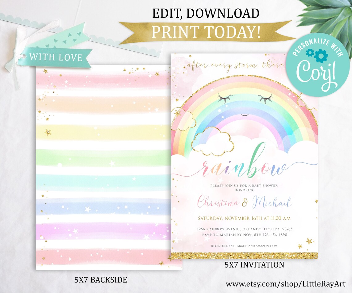 EDITABLE Rainbow Baby Shower Invitation Printable Girl Gold & Etsy