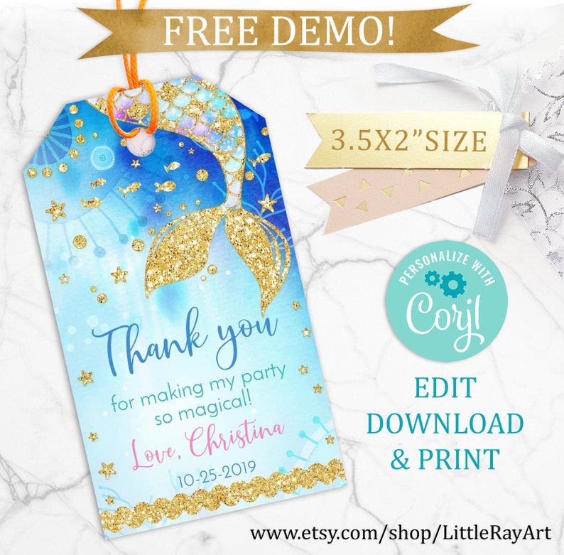 Corjl First birthday decor Thank you tag mermaid party Mermaid hang tag Mermaid tag for a birthday party Editable mermaid birthday tag