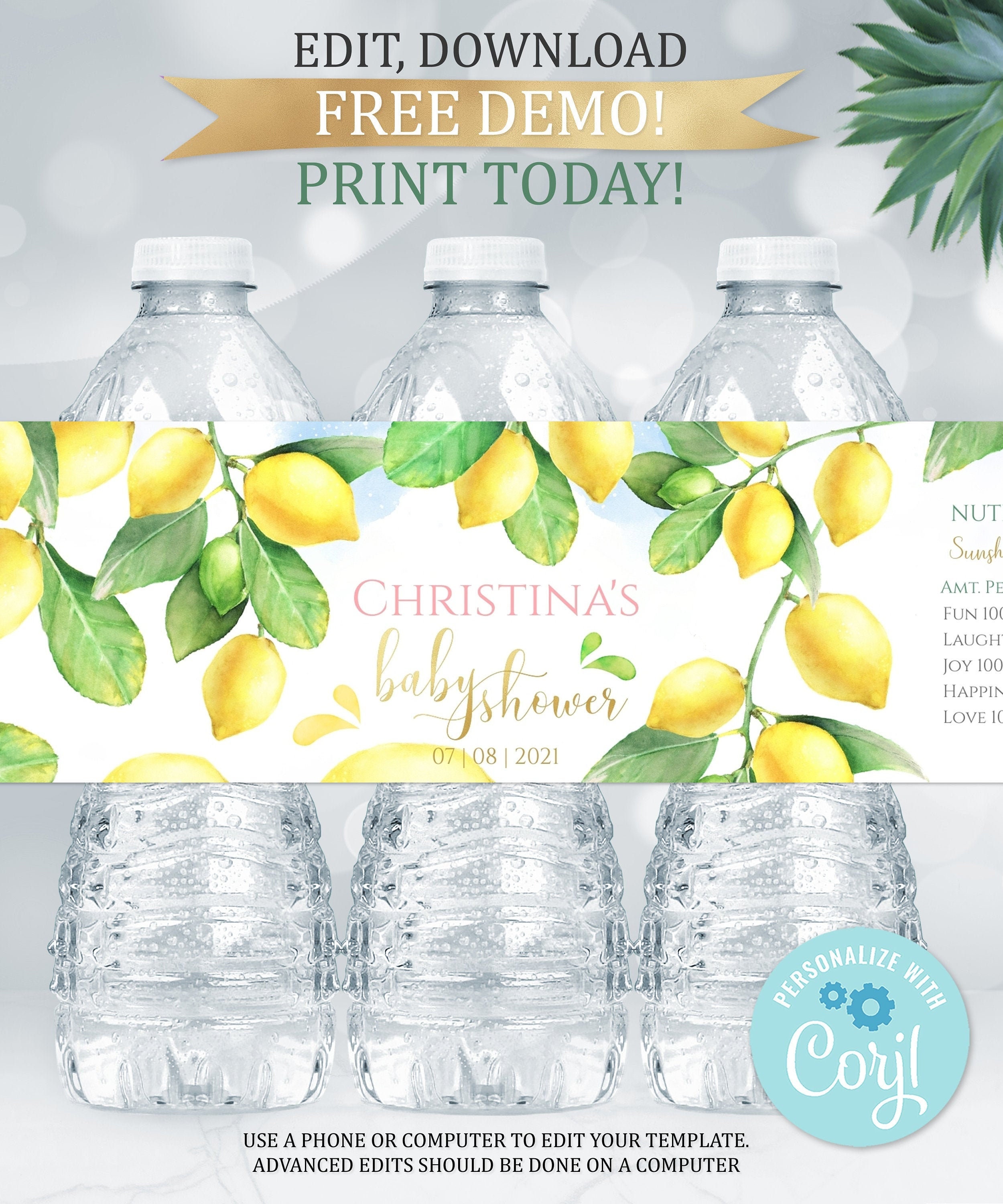 Editable Lemons Bottle Labels Printable Water Bottle Label | Etsy