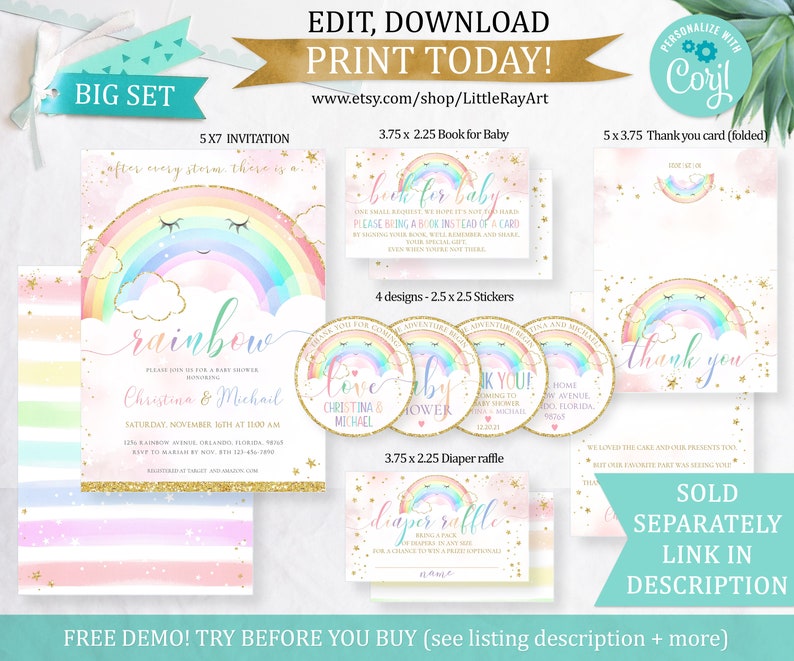 editable-rainbow-baby-shower-invitation-printable-girl-gold-etsy