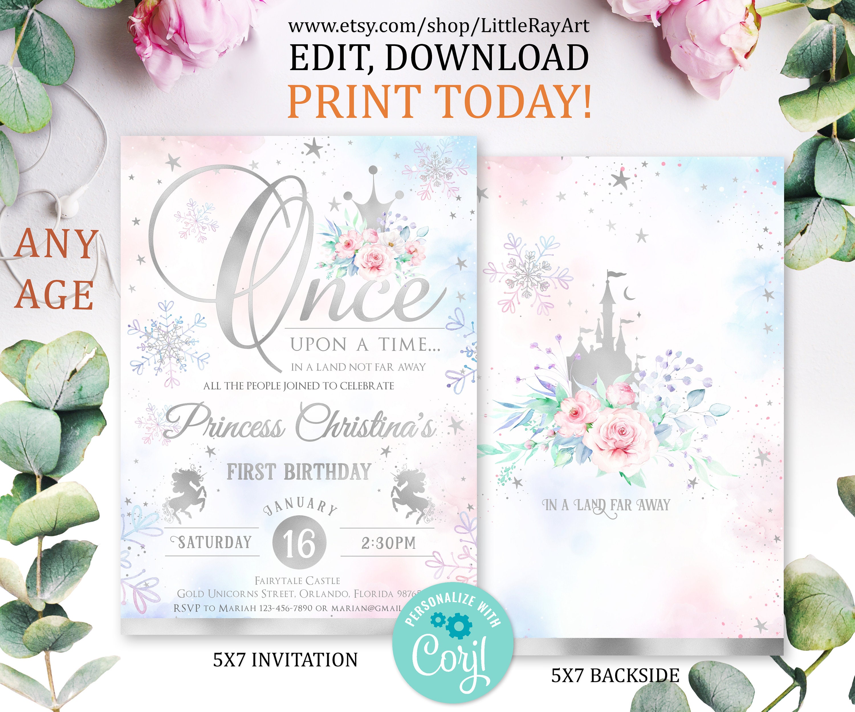 Editable PRINCESS First Birthday Invitations Baby Girl Bday | Etsy