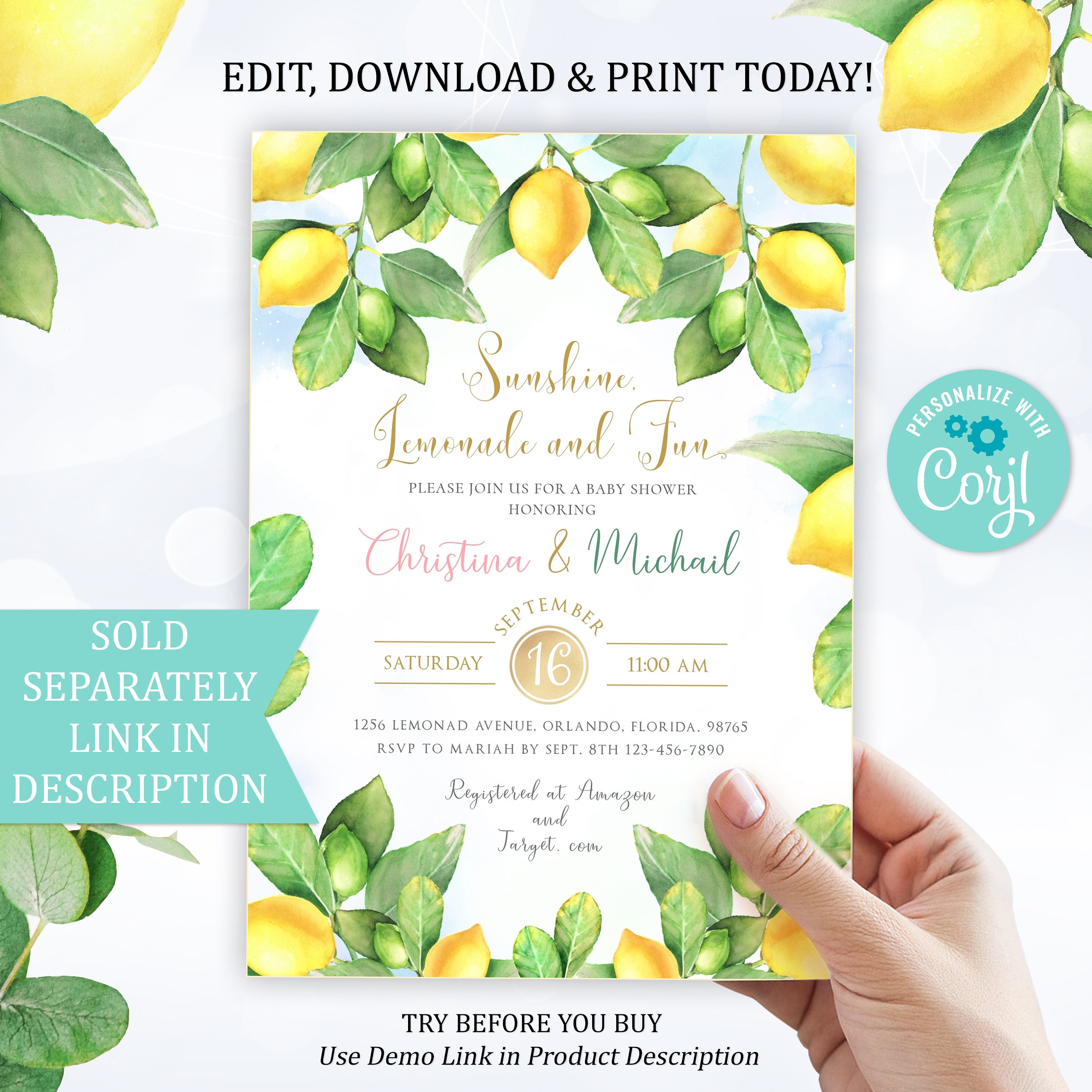 EDITABLE Lemon theme First BIRTHDAY Invitations. Printable Etsy