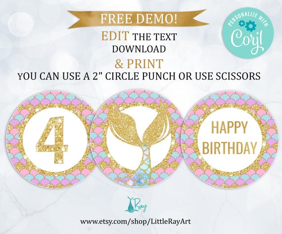 Editable Cupcake Toppers Printable Mermaid Cake Topper Girl Etsy