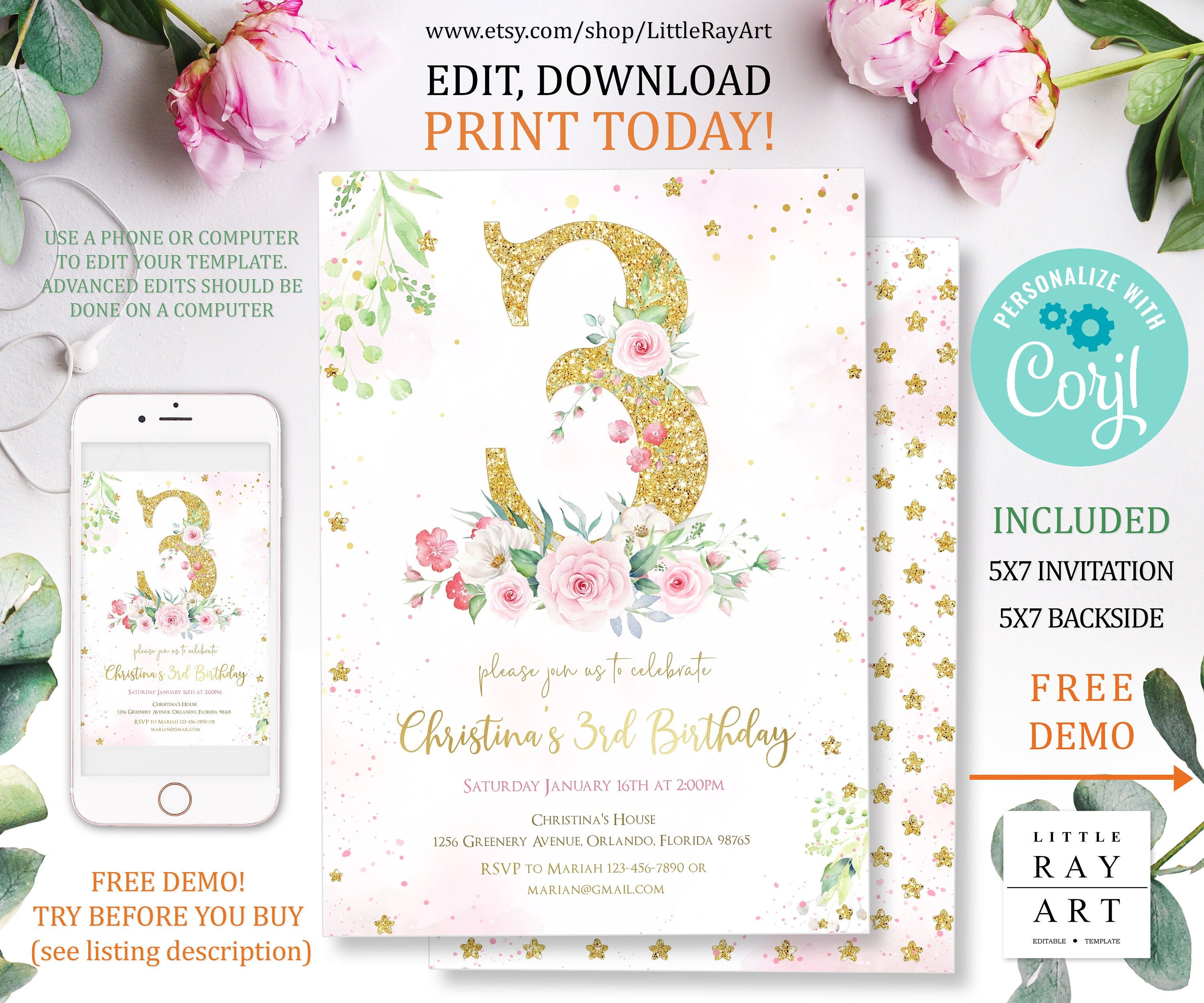 editable-gold-3rd-birthday-invitations-floral-digit-three-etsy