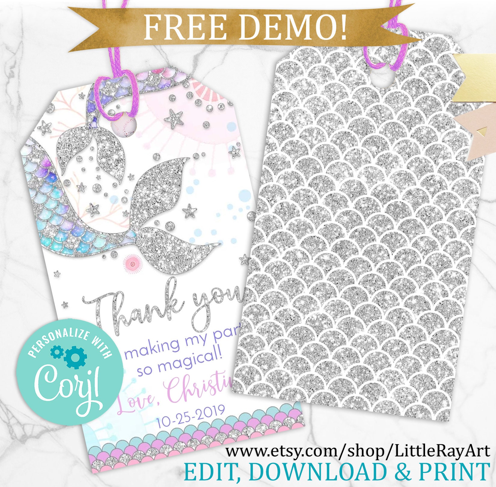 Editable Silver Mermaid Tag printable mermaid favor tags | Etsy