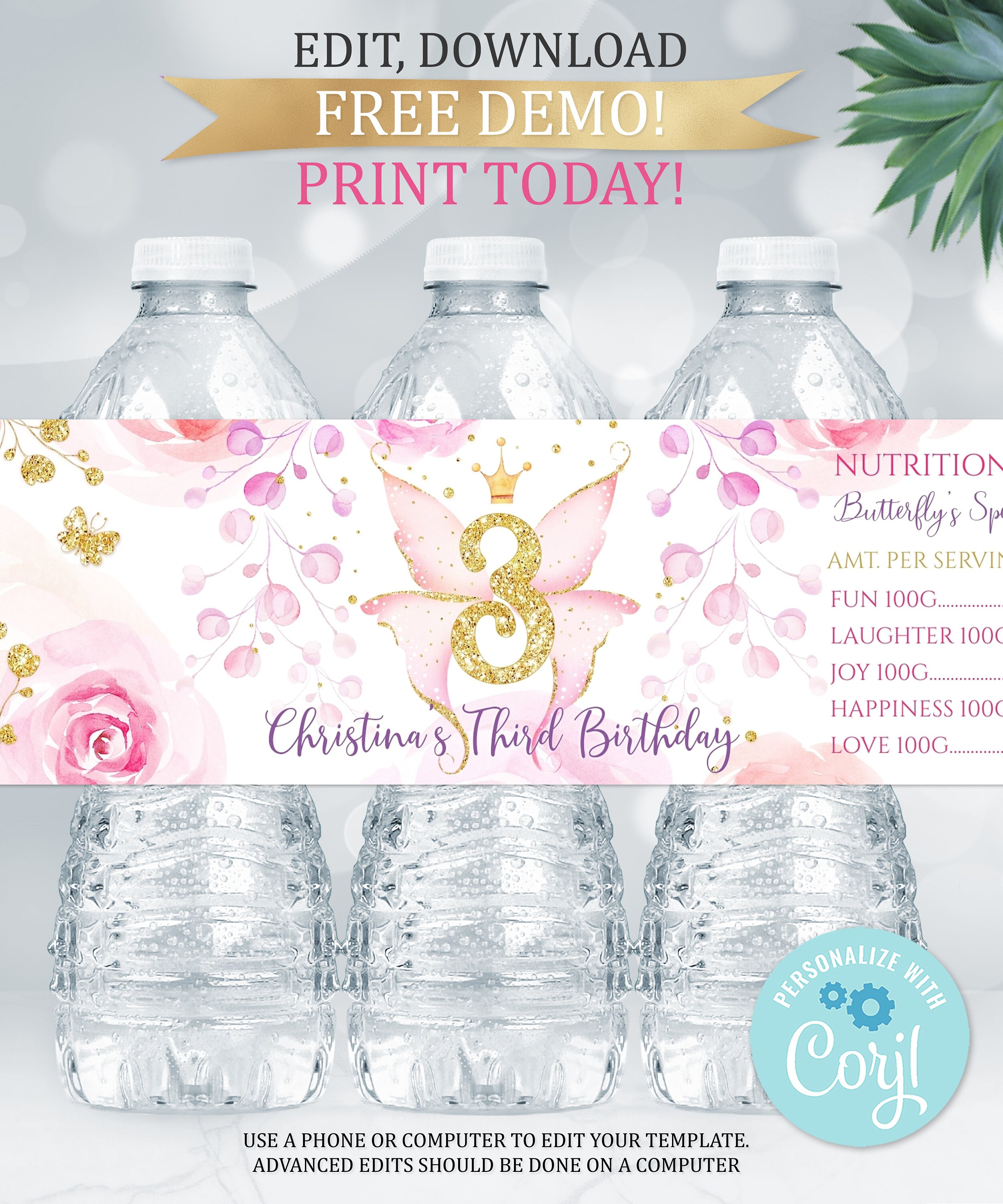 Printable BUTTERFLY Water Bottle Labels. Editable Pink Etsy