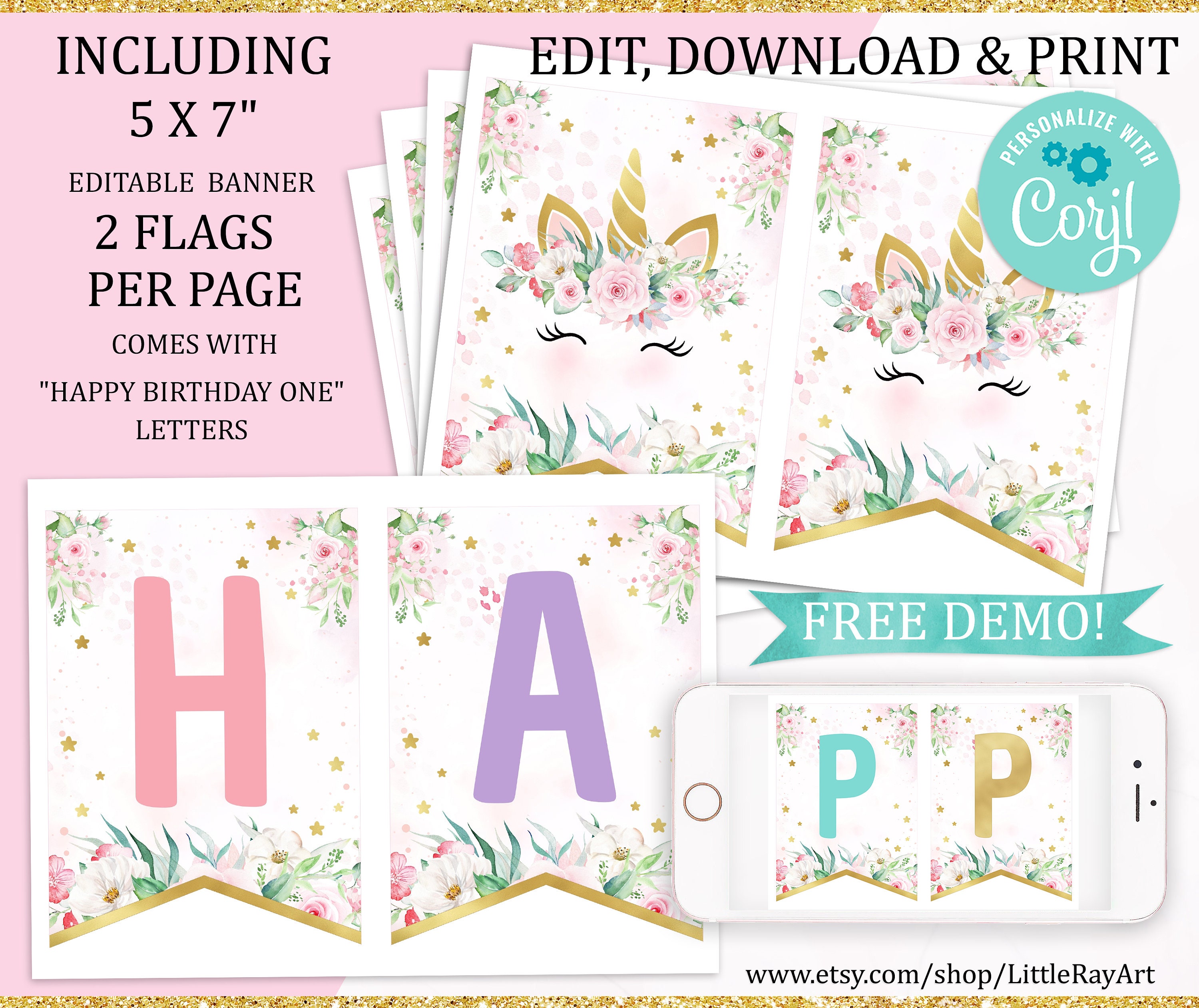 EDITABLE UNICORN Birthday Sign Birthday Party Gold Unicorn | Etsy