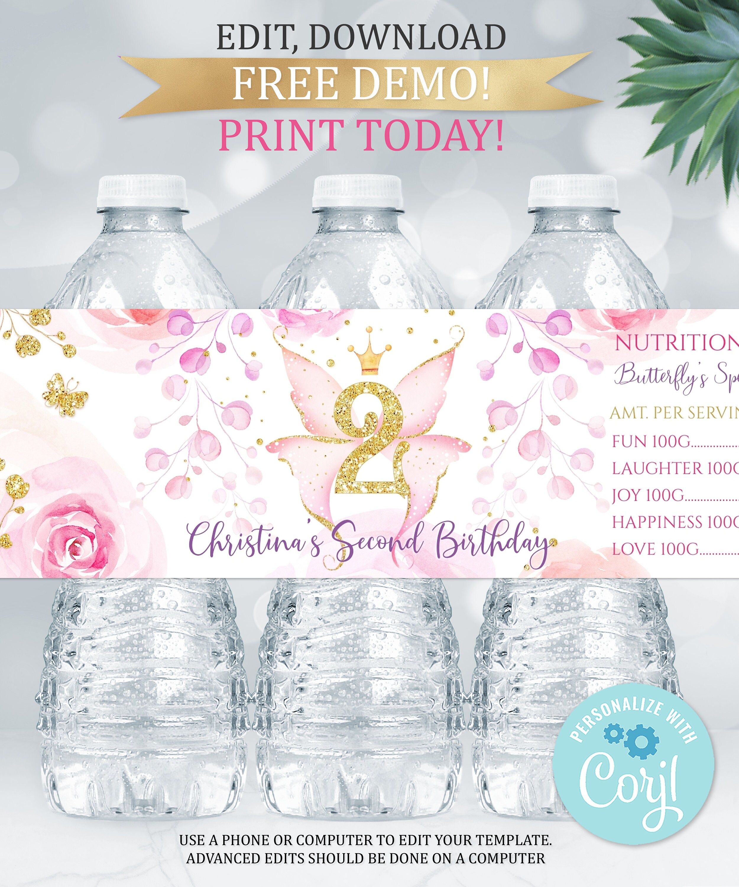 Printable BUTTERFLY Water Bottle Labels. Editable Pink Etsy