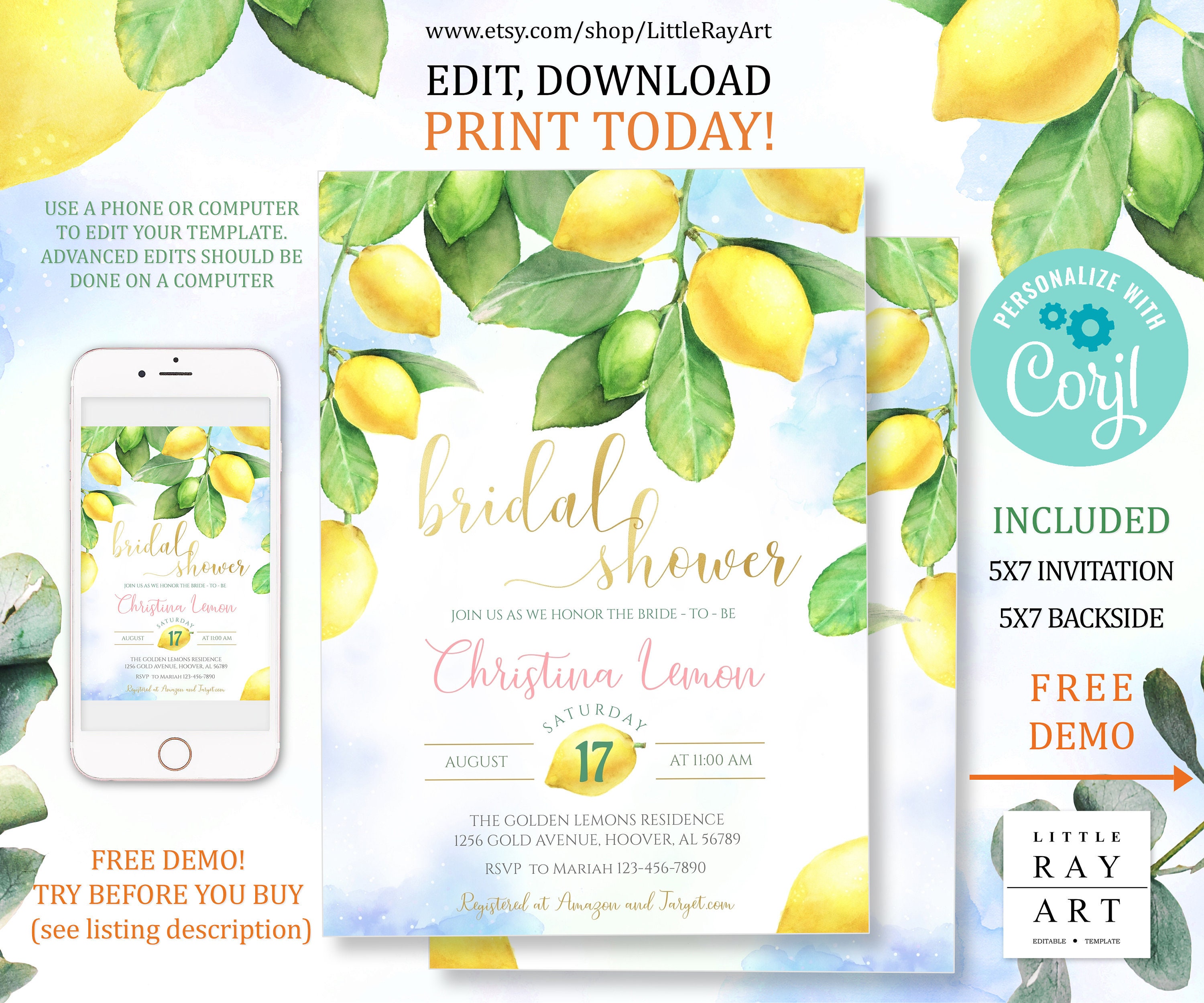 Lemon Theme Bridal Shower Invitation Instant Download Etsy