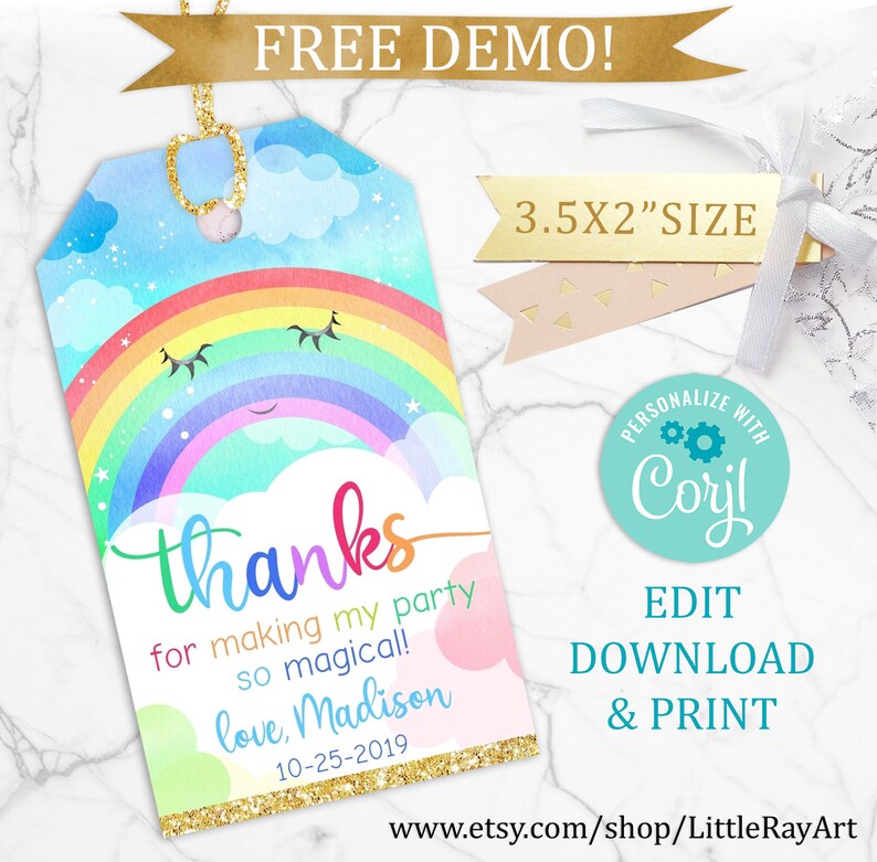Rainbow Thank you tag Editable Rainbow Birthday Thank you Tag First birthday Rainbow decor Instant download Printable Rainbow favor tag