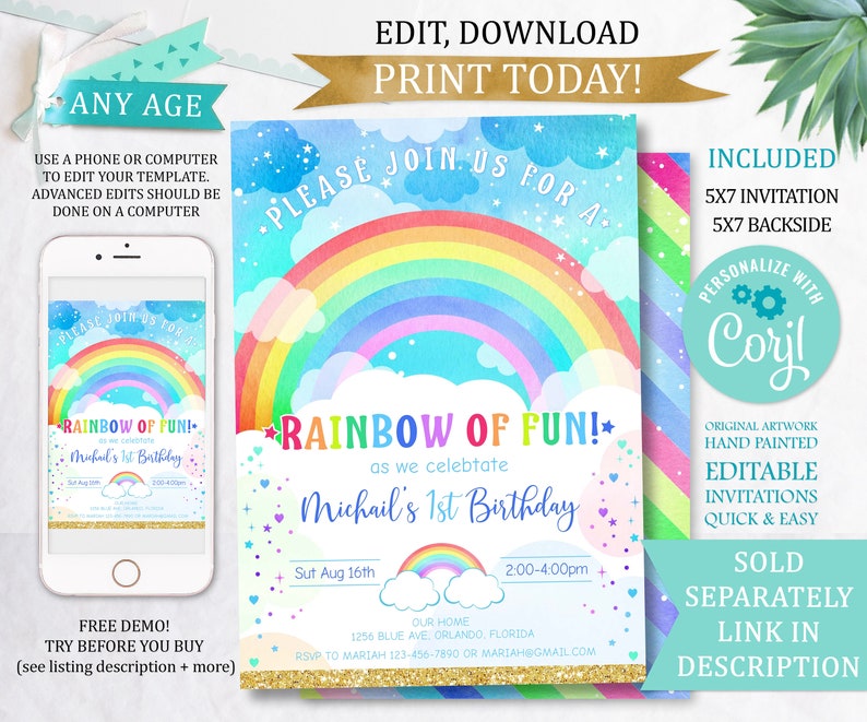 Rainbow Thank you tag Editable Rainbow Birthday Thank you Tag First birthday Rainbow decor Instant download Printable Rainbow favor tag