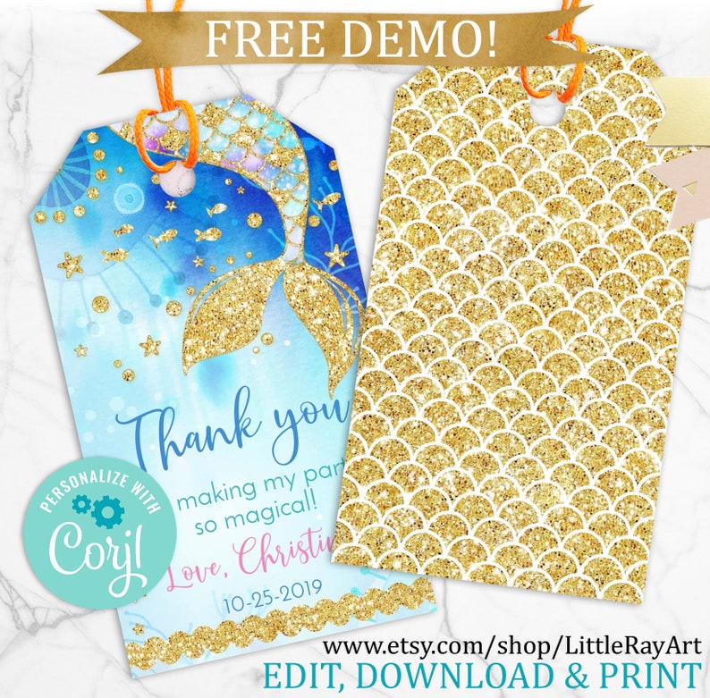 Corjl First birthday decor Thank you tag mermaid party Mermaid hang tag Mermaid tag for a birthday party Editable mermaid birthday tag