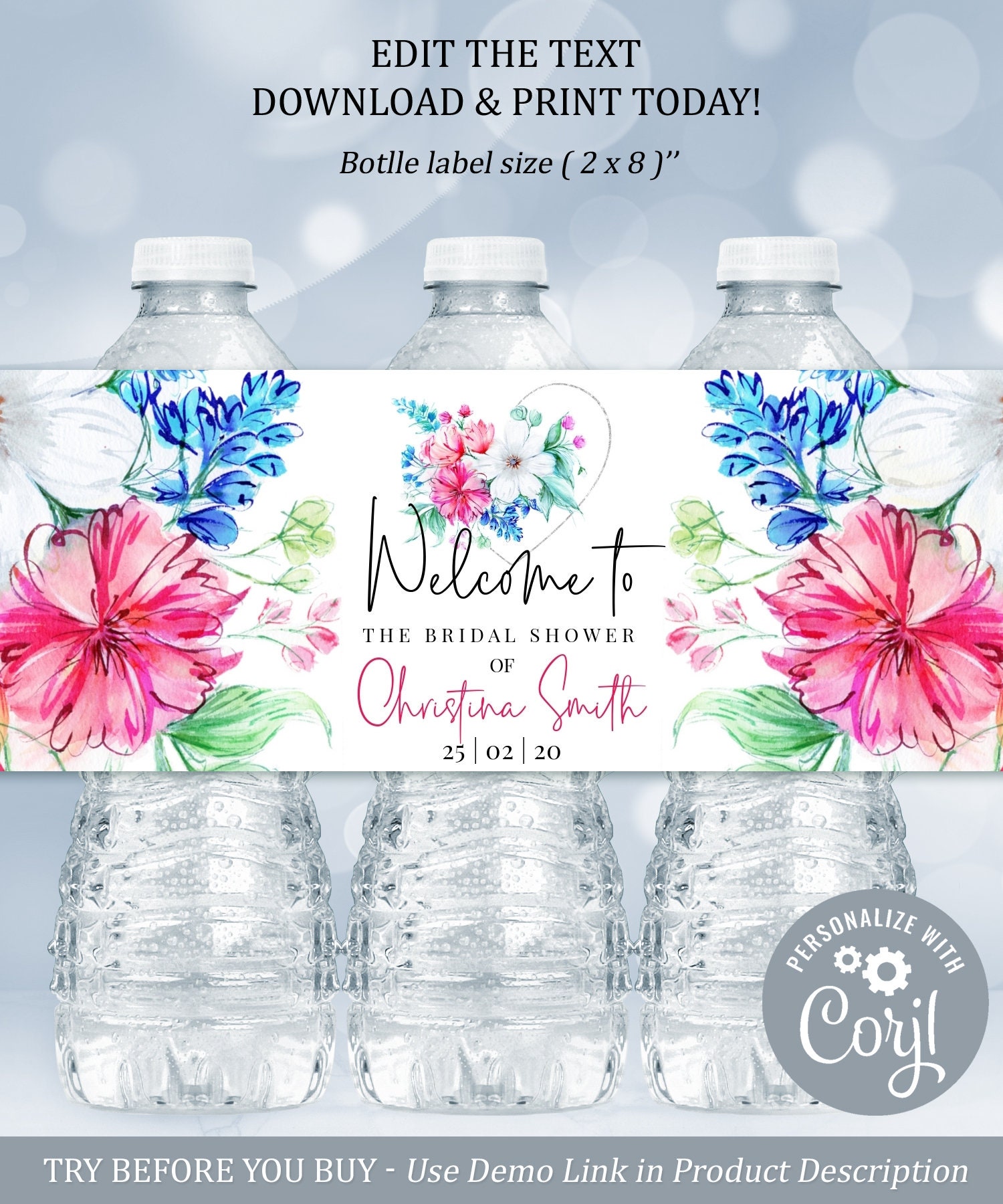 Floral Editable Bridal Shower Water Bottle Label Printable | Etsy