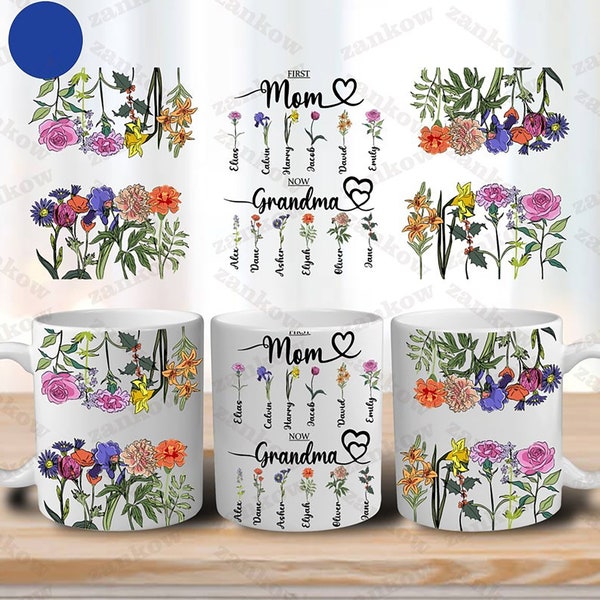 Personnalisé première maman maintenant grand-mère mug Png floral mug, modèle photo coeur pour sublimation, cadeau personnalisé fête des mères, joyeuse fête des mères