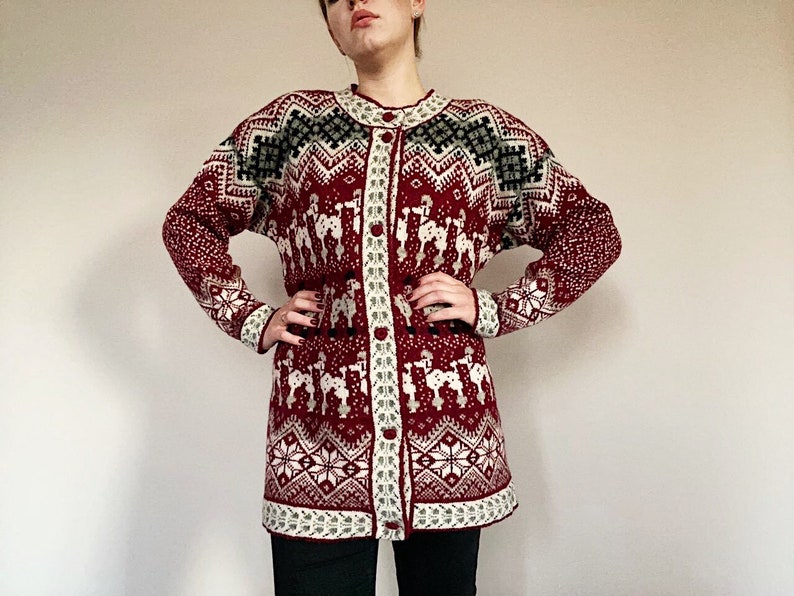 Vintage Nordic Knitwear Pure Wool Cardigan Retro Cardigan Vintage Red White Cardigan Christmas Sweater Warm Knitted Cardigan image 4