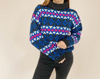 Vintage Knitted Sweater - Vintage Wool Knitwear - Chunky Knit - Retro Sweater - Vintage blue sweater -  Nordic Knit - Vintage Wool Jumper